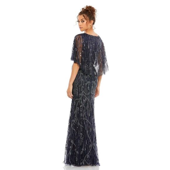 Mac Duggal 9064 Sz 6 Blue Embellished Cape Sleeve Dress Faux Wrap Trumpet Gown - Picture 1 of 14